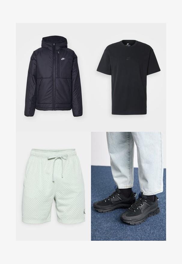 Melna, pufota Nike jaka ar priekšējo rāvējslēdzēju un kapuci. Iezīmēta ar baltu logotipu uz kreisās krūtis un divām priekšējām kabatām. Gluda ārējā tekstūra.; Nike melns kokvilnas T-krekls ar klasisku piegriezumu, īsām piedurknēm un smalku, reljefu logotipu uz krūškurvja. Gluda tekstūra.; Gaiši zaļie sporta šortiem ar perforētu tekstūru, elastīgu jostasvītru, auklu un melnu logotipu apakšējā kreisajā pusē.; Melni sporta apavi ar strukturētu audumu un gumijas zoli, ar elastīgām auklām un zilu akcentu uz papēža. Nēsāti ar gaišām džinsu biksēm.