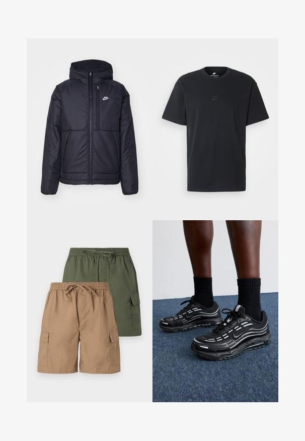 Fekete, párnázott Nike dzseki elülső cipzárral és kapucnival. A bal mellen fehér logó található, valamint két elülső zseb. Simának tűnő külső felület.; Fekete pamut póló Nike márkájú, klasszikus, kerek nyakú, rövid ujjú, és letisztult, dombornyomott logóval a mellkason. Simább textúra.; Két pár cargo nadrág; az egyik khaki, a másik zöld. Mindkettő rugalmas derékkal, húzózsinórral és oldalsó zsebekkel rendelkezik. Sima szövetfelszín.; Fekete Nike cipők hálós felsőrésszel, kiemelő csíkokkal, texturált fűzővel és fekete gumitalppal rendelkeznek. Fekete bordázott zoknikkal viselve.