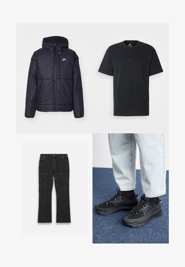 Schwarze, gepolsterte Nike-Jacke mit Frontreißverschluss und Kapuze. Hat ein weißes Logo auf der linken Brust und zwei Fronttaschen. Glattes äußeres Material.; Schwarzes Baumwoll-T-Shirt von Nike mit klassischem Rundhalsausschnitt, kurzen Ärmeln und einem dezenten, geprägten Logo auf der Brust. Glatte Textur.; Schwarze Denim-Hosen mit geradem Bein, ausgestattet mit zwei vorderen Taschen, Metallbeschlägen und einem rohen Saumdetail am unteren Ende.; Schwarze Sportschuhe aus strukturiertem Stoff mit Gummisohlen, ausgestattet mit elastischen Schnürsenkeln und einem blauen Akzent an der Ferse. Getragen mit hellen Jeans.