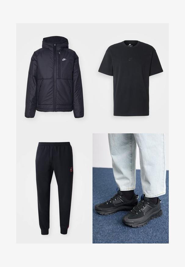 Giacca Nike nera, imbottita, con zip frontale e cappuccio. Presenta un logo bianco sul lato sinistro del petto e doppie tasche frontali. Texture esterna liscia.; T-shirt in cotone nero della Nike con collo rotondo classico, maniche corte e un logo in rilievo discreto sul petto. Texture liscia.; Pantaloni della tuta neri in morbido tessuto, con cintura elastica, dettagli laterali rossi e logo Nike sulla coscia sinistra.; Scarpe sportive nere con tessuto testurizzato e suole in gomma, dotate di lacci elastici e un accento blu sul tallone. Indossate con pantaloni in denim chiaro.