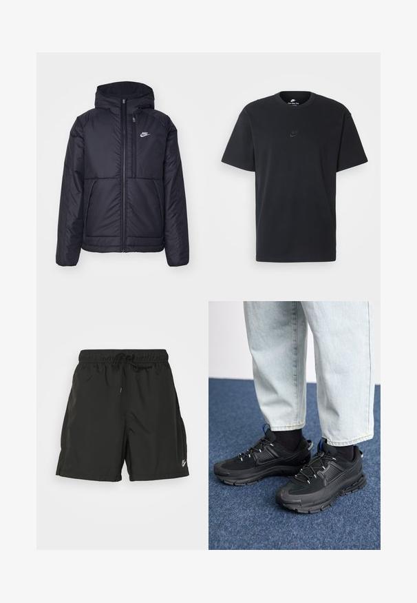 Jachetă Nike neagră, căptușită, cu fermoar pe față și glugă. Prezintă un logo alb pe pieptul stâng și două buzunare frontale. Textură exterioară netedă.; Tricou din bumbac negru Nike, cu guler rotund clasic, mâneci scurte și un logo subtil embosat pe piept. Textură netedă.; Șorturi negre cu talie elastică și șnur. Fabricate dintr-un material ușor, au buzunare laterale și un logo mic pe picior.; Pantofi sport negri, cu țesătură texturată și tălpi din cauciuc, având șireturi elastice și un accent albastru pe toc. Purtați cu pantaloni din denim deschis.