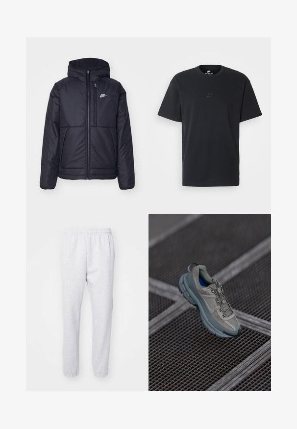 Sort, polstret Nike-jakke med frontlynlås og hætte. Har et hvidt logo på venstre bryst og to frontlommer. Glat ydre tekstur.; Nike sort bomulds t-shirt med en klassisk rund hals, korte ærmer og et diskret, præget logo på brystet. Glat tekstur.; Lysegrå joggingbukser lavet af blød bomuldsblanding, med elastisk talje og tætsiddende manchetter ved anklerne. Ingen synlige mønstre eller logoer.; Beige og grå sportsko med tekstureret mesh-overdel, rund tå og gummisål, med snørebånd og polstret krave.