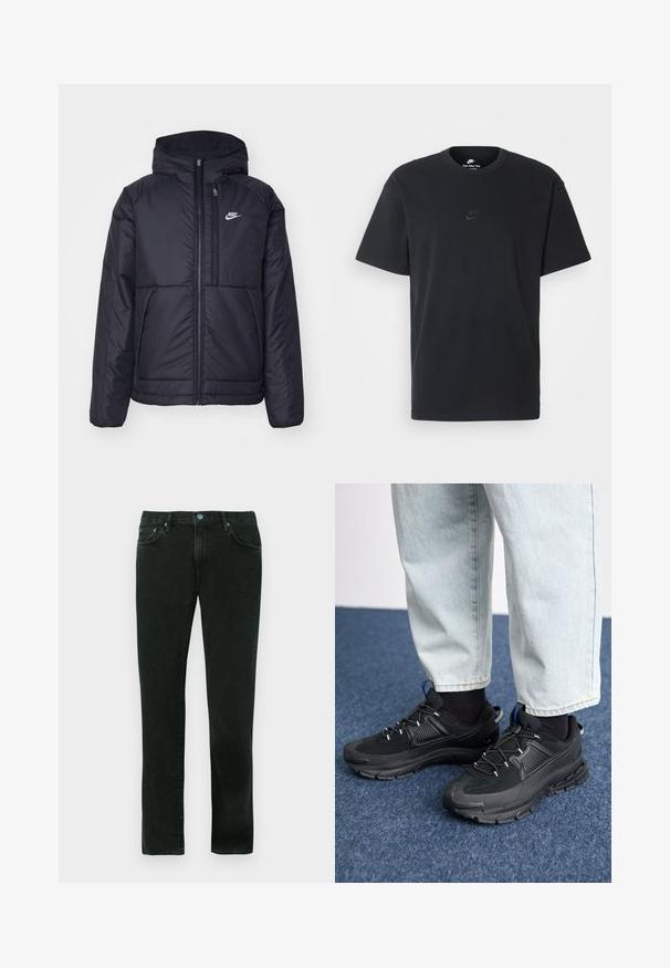 Schwarze, gepolsterte Nike-Jacke mit Frontreißverschluss und Kapuze. Hat ein weißes Logo auf der linken Brust und zwei Fronttaschen. Glattes äußeres Material.; Schwarzes Baumwoll-T-Shirt von Nike mit klassischem Rundhalsausschnitt, kurzen Ärmeln und einem dezenten, geprägten Logo auf der Brust. Glatte Textur.; Schwarze Denim-Jeans mit einem geraden Bein-Design, ausgestattet mit einem klassischen Fünf-Taschen-Stil und blauen Metallakzenten.; Schwarze Sportschuhe aus strukturiertem Stoff mit Gummisohlen, ausgestattet mit elastischen Schnürsenkeln und einem blauen Akzent an der Ferse. Getragen mit hellen Jeans.