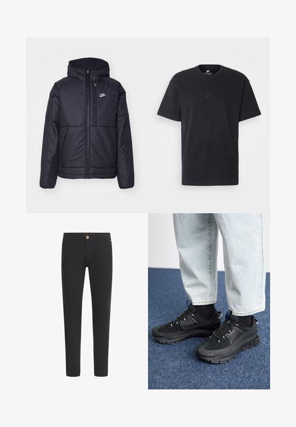 Black, padded Nike jacket with a front zipper and hood. Features a white logo on the left chest and dual front pockets. Smooth exterior texture.; Nike black cotton t-shirt with a classic crew neck, short sleeves, and a subtle, embossed logo on the chest. Smooth texture.; Black chinos made of cotton blend, featuring a slim fit design, button closure, belt loops, and side pockets. Smooth texture throughout.; Black athletic shoes with textured fabric and rubber soles, featuring elastic laces and a blue accent on the heel. Worn with light denim pants.