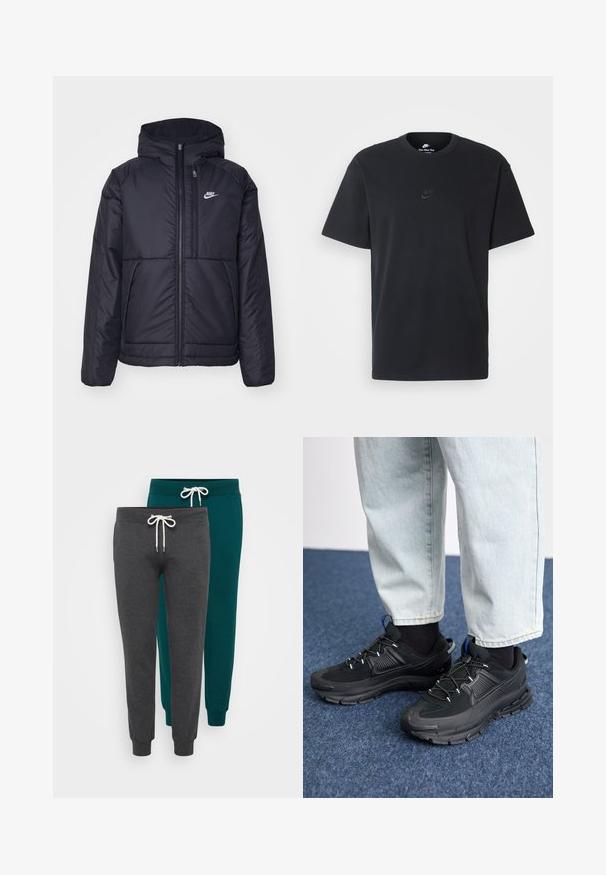 Zwarte, gewatteerde Nike-jas met een voorkant met ritssluiting en capuchon. Kenmerkt zich door een wit logo op de linkerborst en dubbele frontzakken. Gladde buitenkant.; Zwarte katoenen t-shirt van Nike met een klassieke ronde hals, korte mouwen en een subtiele, reliëflogo op de borst. Gladde textuur.; Twee paar joggingbroeken in schiefergrijs en teal, gemaakt van zachte stof, met elastische boorden en een trekkoord in de taille met witte koorden.; Zwarte sportschoenen met gestructureerde stof en rubberen zolen, met elastische veters en een blauwe accent op de hiel. Draag samen met lichte spijkerbroeken.