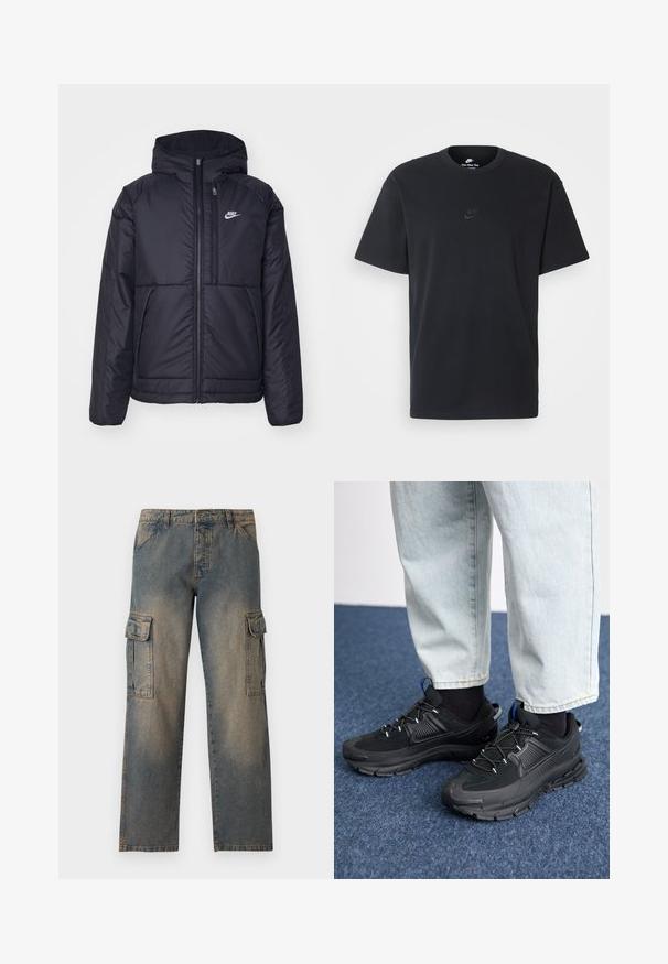Črna, podložena Nike jakna z sprednjim zadrgo in kapuco. Ima bel logo na levem prsnem delu in dvojna sprednja žepa. Gladka zunanja tekstura.; Nike črna bombažna majica z klasičnim okroglim izrezom, kratkimi rokavi in subtilnim, vtisnjenim logotipom na prsih. Gladka tekstura.; Denim cargo hlače v zbledeli modri barvi, ohlapnega kroja, s dvema velikima stranskima žepoma, šivanimi šivi in klasičnim dizajnom pasu.; Črne športne čevlje z teksturirano tkanino in gumijastimi podplati, ki imajo elastične vezalke ter modre poudarke na peti. Nosi se z lahkimi denim hlačami.