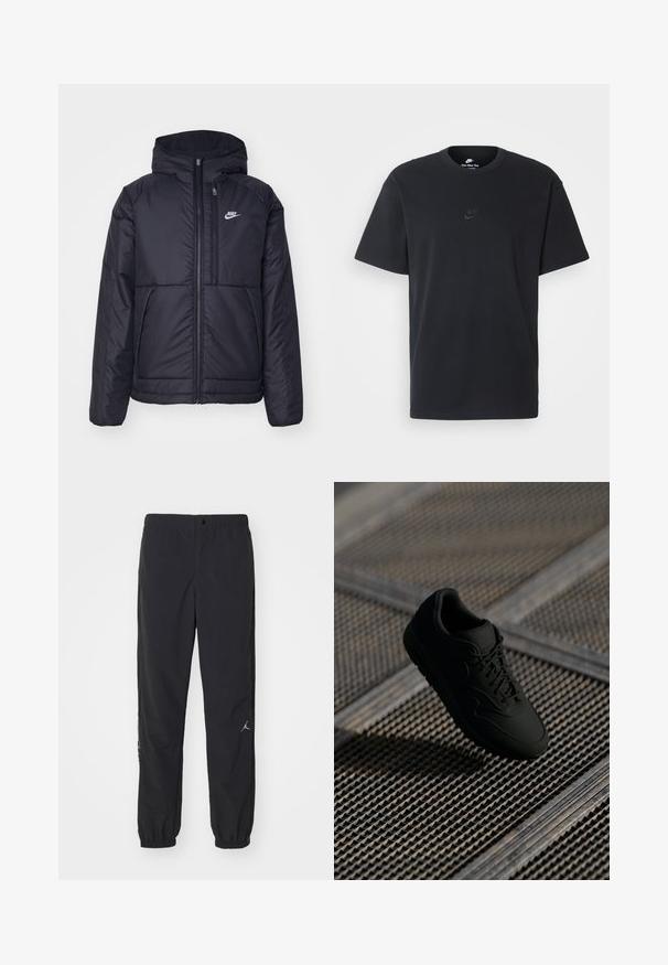Schwarze, gepolsterte Nike-Jacke mit Frontreißverschluss und Kapuze. Hat ein weißes Logo auf der linken Brust und zwei Fronttaschen. Glattes äußeres Material.; Schwarzes Baumwoll-T-Shirt von Nike mit klassischem Rundhalsausschnitt, kurzen Ärmeln und einem dezenten, geprägten Logo auf der Brust. Glatte Textur.; Schwarze Jogginghose aus leichtem Material, mit elastischem Bund, schmal zulaufenden Bündchen und einem kleinen Logo am linken Bein.; Schwarze Sneaker mit einer glatten Oberfläche, runder Zehenform, Schnürung vorne und dezentem Branding. Vor einem strukturierten, industriellen Hintergrund präsentiert.