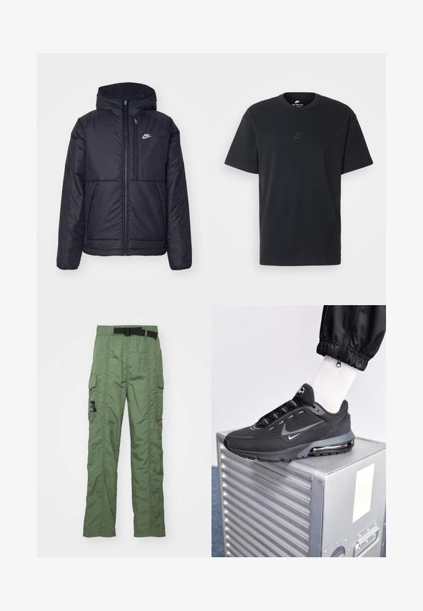 Zwarte, gewatteerde Nike-jas met een voorkant met ritssluiting en capuchon. Kenmerkt zich door een wit logo op de linkerborst en dubbele frontzakken. Gladde buitenkant.; Zwarte katoenen t-shirt van Nike met een klassieke ronde hals, korte mouwen en een subtiele, reliëflogo op de borst. Gladde textuur.; Olijfgroene cargopantalons, gemaakt van lichtgewicht stof. Voorzien van een zwarte riem, cargozakken aan de zijkanten en stikseldetails.; Nike Sportswear PULSE - Sneakers laag - black/anthracite