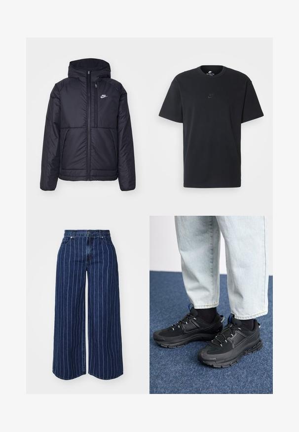 Black, padded Nike jacket with a front zipper and hood. Features a white logo on the left chest and dual front pockets. Smooth exterior texture.; Nike black cotton t-shirt with a classic crew neck, short sleeves, and a subtle, embossed logo on the chest. Smooth texture.; Dark blue denim wide-leg pants with white vertical stripes, featuring a button and zipper closure, and side pockets.; Black athletic shoes with textured fabric and rubber soles, featuring elastic laces and a blue accent on the heel. Worn with light denim pants.