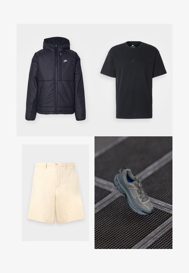 Musta, pehmustettu Nike-takki, jossa on etuvetoketju ja huppu. Vasemmassa rinnassa on valkoinen logo ja takissa on kaksinkertaiset etutaskut. Pintakoe on sileä.; Nike musta musta T-paita, jossa on klassinen pyöreä kaula-aukko, lyhyet etkä hihat sekä hillitty, kohopainettu logo rinnassa. Silkkinen rakenne.; Beige-pellava-shortsit, joissa on räätälöity istuvuus, edessä nappikiinnitys, kaksi sivutaskua ja hienovarainen tekstuuri.; Kengät urheilukäyttöön, joissa on beige ja harmaa väri, tekstuurillinen verkkopinta, pyöristetty kärki ja kumipohja. Kengissä on nauhat ja pehmustettu nilkkaosa.