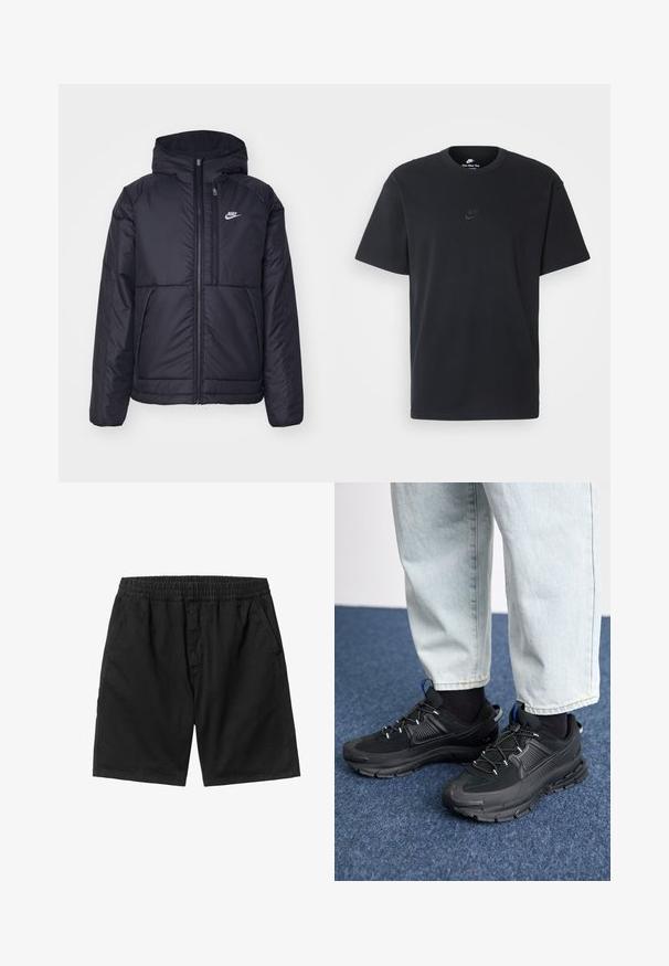 Giacca Nike nera, imbottita, con zip frontale e cappuccio. Presenta un logo bianco sul lato sinistro del petto e doppie tasche frontali. Texture esterna liscia.; T-shirt in cotone nero della Nike con collo rotondo classico, maniche corte e un logo in rilievo discreto sul petto. Texture liscia.; Pantaloni corti neri con elastico in vita, tasche laterali e taglio dritto. Realizzati in un tessuto leggero con una superficie liscia.; Scarpe sportive nere con tessuto testurizzato e suole in gomma, dotate di lacci elastici e un accento blu sul tallone. Indossate con pantaloni in denim chiaro.