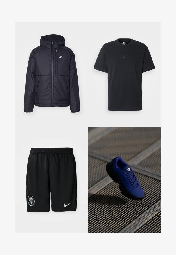 Juodas, paminkštintas Nike džemperis su priekyje užtrauktuku ir gobtuvu. Pasižymi balta logo kairėje krūtinės pusėje ir dviem priekinėmis kišenėmis. Su lygiu išoriniu paviršiumi.; Juodas medvilninis Nike marškinėliai su klasikinėmis apykaklėmis, trumpomis rankovėmis ir subtiliu, įspaustu logotipu ant krūtinės. Sklandus tekstūra.; Juodi sportiniai šortai, pagaminti iš lengvos medžiagos, su elastine liemene, šoninėmis plyšio detalėmis, balta Nike logotipu ir apvaliu CFC emblem.; Mėlyna sportinė bateliai su tekstūruota viršūne, juodu padu ir raišteliais. Ant liežuvio yra "air" ženklas, taip pat matomi oro amortizacijos elementai.