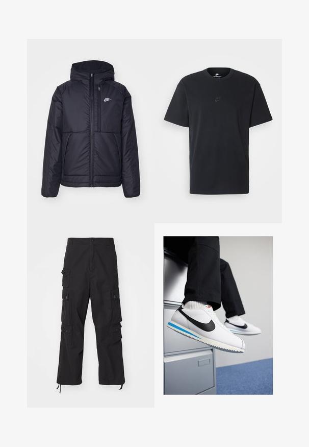 Fekete, párnázott Nike dzseki elülső cipzárral és kapucnival. A bal mellen fehér logó található, valamint két elülső zseb. Simának tűnő külső felület.; Fekete pamut póló Nike márkájú, klasszikus, kerek nyakú, rövid ujjú, és letisztult, dombornyomott logóval a mellkason. Simább textúra.; Carhartt WIP TRACKER PANT - Oldalzsebes nadrágok - black; Fehér bőr sportcipő fekete Nike logóval, világoskék és szürke gumitalppal, valamint klasszikus fűzős kialakítással. A lábak egy iratmegőrző szekrényen pihennek.