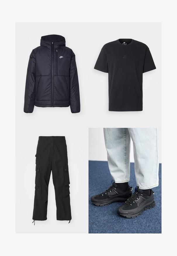 Čierna, polstrovaná bunda Nike so zipsom vpredu a kapucňou. Na ľavej strane hrude sa nachádza biele logo a sú tu dva predné vrecká. Hladký vonkajší povrch.; Čierne bavlnené tričko Nike s klasickým okrúhlym výstrihom, krátkymi rukávmi a jemne embosovaným logom na hrudi. Hladká textúra.; Carhartt WIP TRACKER PANT - Kapsáče - black; Čierne športové topánky s textúrovanou tkaninou a gumovou podrážkou, so elastickými šnúrkami a modrým akcentom na päte. Nosia sa s svetlými riflami.