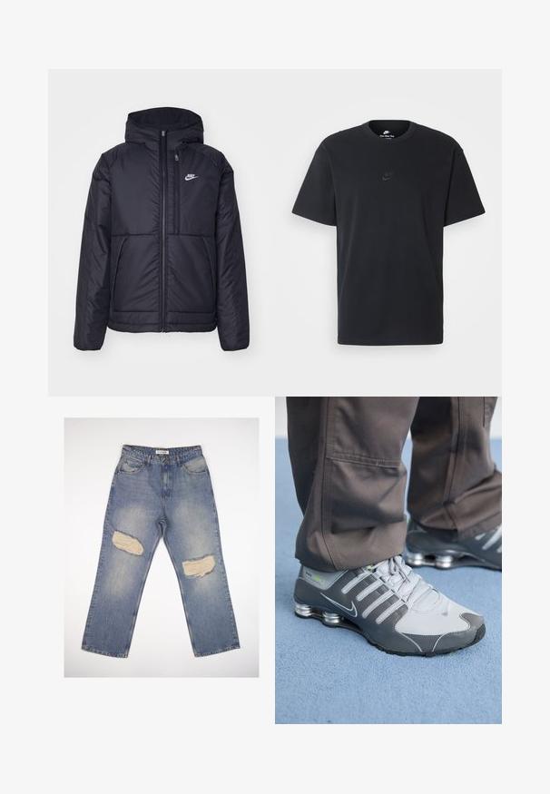 Casaco Nike preto, acolchoado, com fecho à frente e capuz. Apresenta um logo branco no lado esquerdo do peito e dois bolsos frontais. Textura exterior lisa.; T-shirt de algodão preto da Nike com um clássico decote redondo, mangas curtas e um logótipo em relevo discreto no peito. Textura suave.; Jeans de ganga azul claro com um corte reto, apresentando dois grandes remendos desgastados nos joelhos e um design padrão de cinco bolsos.; Ténis Nike Shox cinza e prata apresentam um design elegante, com materiais em malha e sintéticos, ponta arredondada e colarinho acolchoado.