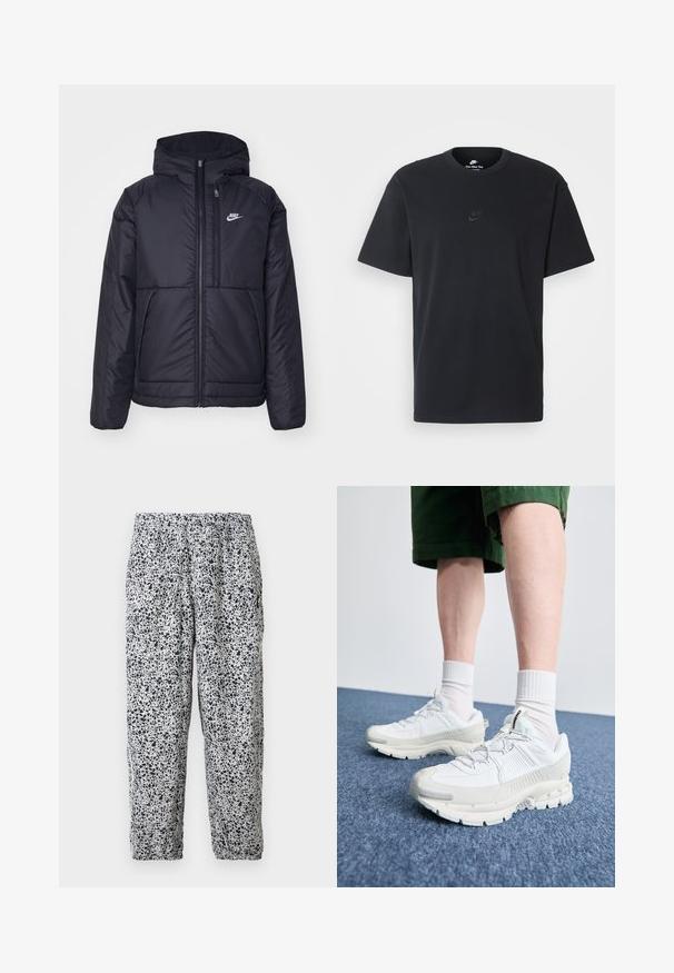 Casaco Nike preto, acolchoado, com fecho à frente e capuz. Apresenta um logo branco no lado esquerdo do peito e dois bolsos frontais. Textura exterior lisa.; T-shirt de algodão preto da Nike com um clássico decote redondo, mangas curtas e um logótipo em relevo discreto no peito. Textura suave.; Calças com cintura elástica branca, padrão irregular de manchas pretas e punhos elásticos, penduradas contra um fundo liso.; Sapatos atléticos brancos com sobreposições texturizadas, sola espessa e detalhes em cinza. Usados com meias brancas até ao tornozelo e calções verdes sobre uma superfície azul.