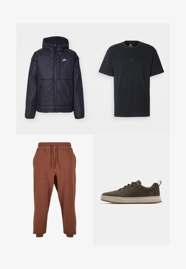 Fekete, párnázott Nike dzseki elülső cipzárral és kapucnival. A bal mellen fehér logó található, valamint két elülső zseb. Simának tűnő külső felület.; Fekete pamut póló Nike márkájú, klasszikus, kerek nyakú, rövid ujjú, és letisztult, dombornyomott logóval a mellkason. Simább textúra.; Urban Classics Tréningruha alsók - bark; Sötétzöld sportcipő sima felsőrésszel, világos bézs középtalppal és gumitalppal. Kerek orrforma jellemzi, és minimális márkajelzés található a saroknál.