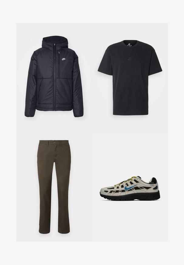 Sort, polstret Nike-jakke med frontlynlås og hætte. Har et hvidt logo på venstre bryst og to frontlommer. Glat ydre tekstur.; Nike sort bomulds t-shirt med en klassisk rund hals, korte ærmer og et diskret, præget logo på brystet. Glat tekstur.; Mørkebrune bukser lavet af bomuldsblanding. Har en knaplukning, lige ben-design og en subtil tekstur uden synlige mønstre eller dekorationer.; Beige og sort Nike P-6000 sneaker med blå swoosh, gule snørebånd, sort sål og Cordura-stofmærke på hælen.