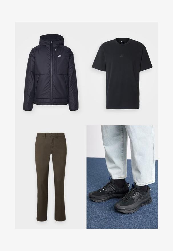 Black, padded Nike jacket with a front zipper and hood. Features a white logo on the left chest and dual front pockets. Smooth exterior texture.; Nike black cotton t-shirt with a classic crew neck, short sleeves, and a subtle, embossed logo on the chest. Smooth texture.; Dark brown pants made of cotton blend. Features a button closure, straight leg design, and subtle texture with no visible patterns or embellishments.; Black athletic shoes with textured fabric and rubber soles, featuring elastic laces and a blue accent on the heel. Worn with light denim pants.