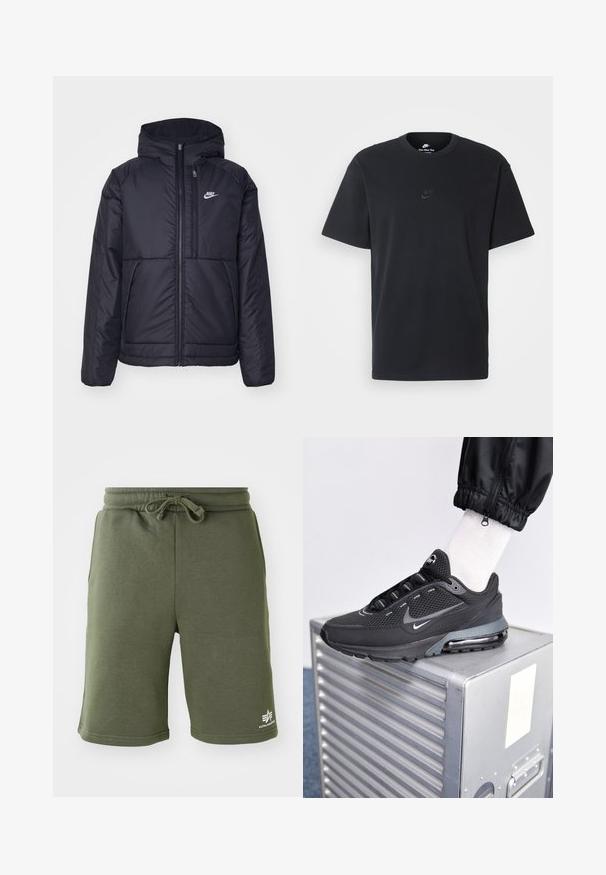 Veste Nike noire rembourrée avec une fermeture éclair sur le devant et une capuche. Elle présente un logo blanc sur la poitrine gauche et deux poches avant. Texture extérieure lisse.; T-shirt en coton noir Nike avec un col rond classique, des manches courtes et un logo embossé subtil sur la poitrine. Texture lisse.; Shorts en coton vert olive avec une ceinture élastique et un cordon de serrage. Comprend des poches latérales et un petit logo sur la partie inférieure de la jambe.; Nike Sportswear PULSE - Baskets basses - black/anthracite