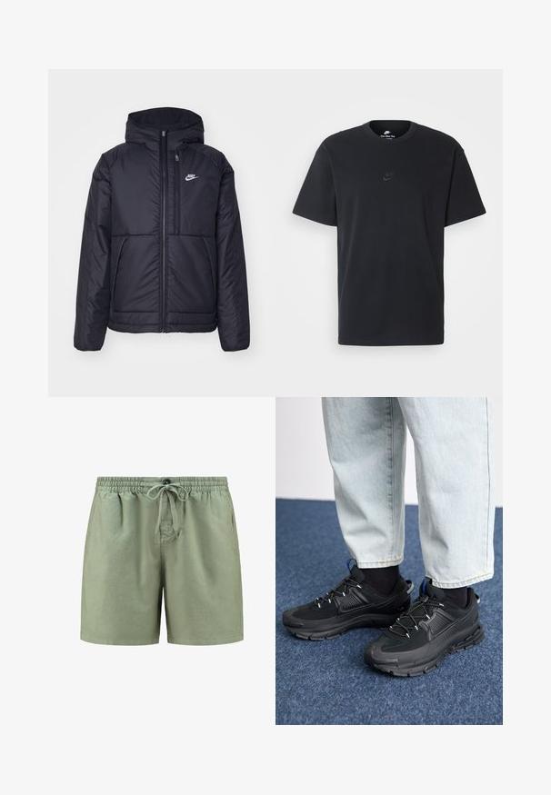 Melna, pufota Nike jaka ar priekšējo rāvējslēdzēju un kapuci. Iezīmēta ar baltu logotipu uz kreisās krūtis un divām priekšējām kabatām. Gluda ārējā tekstūra.; Nike melns kokvilnas T-krekls ar klasisku piegriezumu, īsām piedurknēm un smalku, reljefu logotipu uz krūškurvja. Gluda tekstūra.; Gaiši zaļi šorti, izgatavoti no mīksta auduma, ar elastīgu jostasvietu, aukliņas aizdari un sānu kabatām. Vienkāršs dizains bez rakstiem.; Melni sporta apavi ar strukturētu audumu un gumijas zoli, ar elastīgām auklām un zilu akcentu uz papēža. Nēsāti ar gaišām džinsu biksēm.