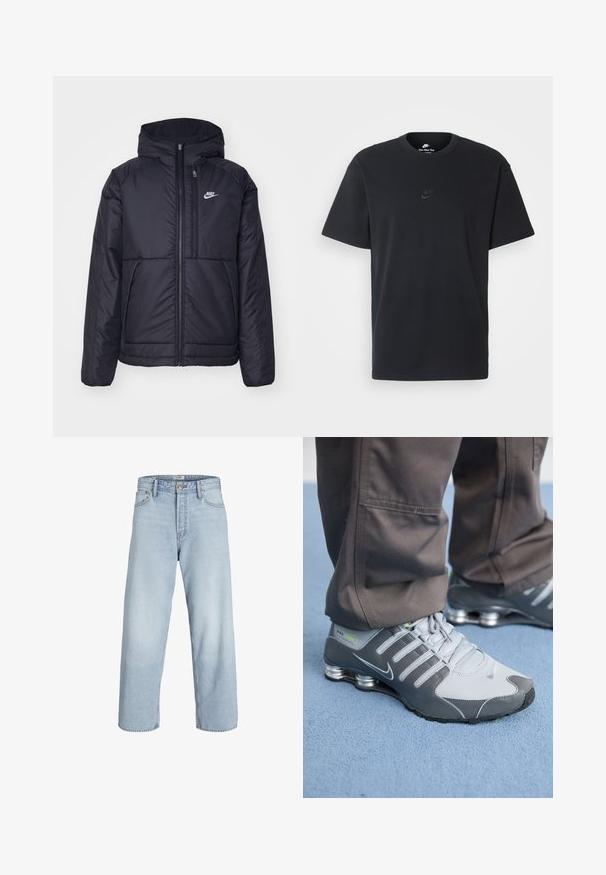 Black, padded Nike jacket with a front zipper and hood. Features a white logo on the left chest and dual front pockets. Smooth exterior texture.; Nike black cotton t-shirt with a classic crew neck, short sleeves, and a subtle, embossed logo on the chest. Smooth texture.; Light blue denim jeans with a high waist, wide leg, and a straight cut. Features classic button closure and five pocket design.; Gray and silver Nike Shox sneakers feature a sleek design, with mesh and synthetic materials, a rounded toe, and a padded collar.