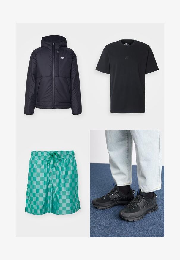Černá zateplená bunda Nike s předním zipem a kapucí. Na levé straně hrudi má bílé logo a dvojité přední kapsy. Hladký povrch.; Černé bavlněné tričko Nike s klasickým kulatým výstřihem, krátkými rukávy a decentně vyraženým logem na hrudi. Hladký povrch.; Tyrkysové kostkované plavky s elastickým pasem a šňůrkou. Vyrobené z lesklého materiálu, s bočními rozparky a decentním logem.; Černé sportovní boty s texturovanou tkaninou a gumovou podrážkou, s elastickými tkaničkami a modrým akcentem na patě. Nosí se s světlými džíny.