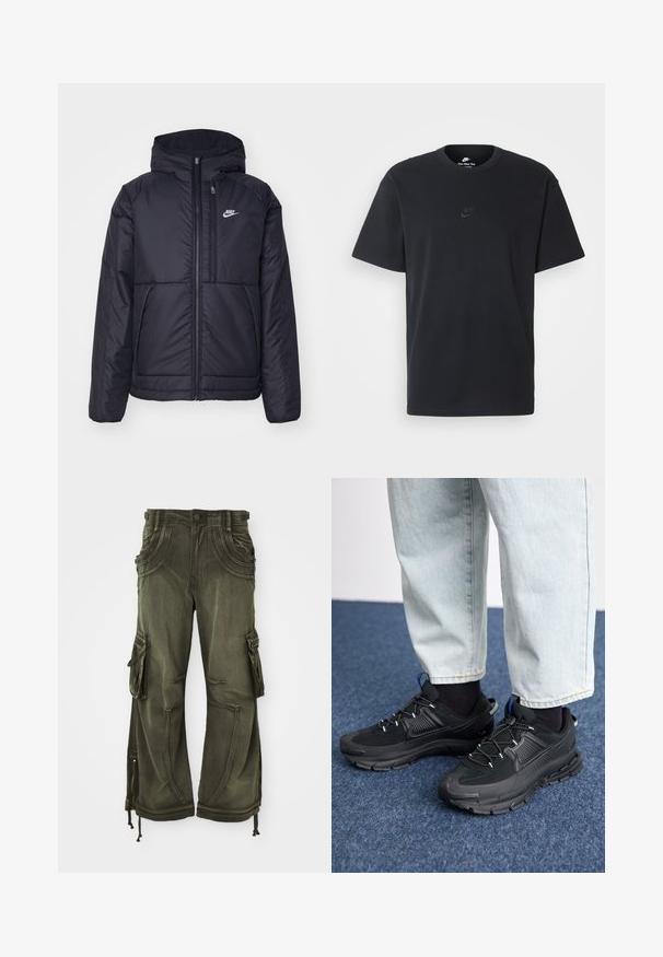 Casaco Nike preto, acolchoado, com fecho à frente e capuz. Apresenta um logo branco no lado esquerdo do peito e dois bolsos frontais. Textura exterior lisa.; T-shirt de algodão preto da Nike com um clássico decote redondo, mangas curtas e um logótipo em relevo discreto no peito. Textura suave.; Calças cargo verde-oliva feitas de algodão com um corte descontraído, apresentando bolsos laterais, fechos de correr nos tornozelos e cordões na bainha.; Sapatilhas desportivas pretas com tecido texturizado e solas em borracha, apresentando atacadores elásticos e um detalhe azul no calcanhar. Usadas com calças de ganga claras.