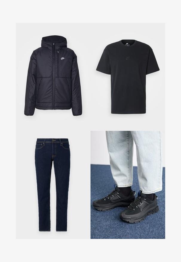 Jachetă Nike neagră, căptușită, cu fermoar pe față și glugă. Prezintă un logo alb pe pieptul stâng și două buzunare frontale. Textură exterioară netedă.; Tricou din bumbac negru Nike, cu guler rotund clasic, mâneci scurte și un logo subtil embosat pe piept. Textură netedă.; Jeans din denim închis la culoare, cu croială slim. Prezintă un design standard cu cinci buzunare, cusături în contrast și închidere cu buton metalic.; Pantofi sport negri, cu țesătură texturată și tălpi din cauciuc, având șireturi elastice și un accent albastru pe toc. Purtați cu pantaloni din denim deschis.