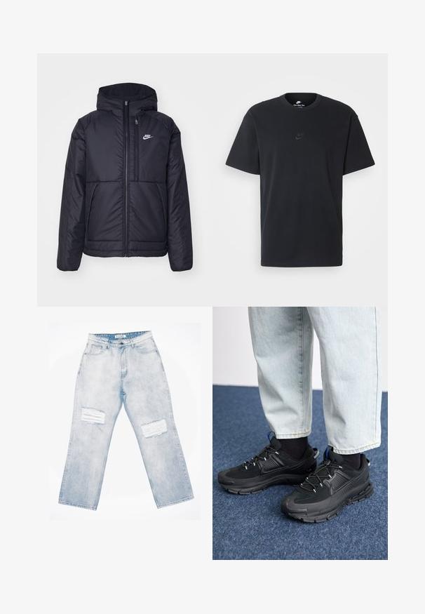 Black, padded Nike jacket with a front zipper and hood. Features a white logo on the left chest and dual front pockets. Smooth exterior texture.; Nike black cotton t-shirt with a classic crew neck, short sleeves, and a subtle, embossed logo on the chest. Smooth texture.; Light blue denim jeans with a loose fit, featuring two distressed patches on the front, a button closure, and five-pocket design.; Black athletic shoes with textured fabric and rubber soles, featuring elastic laces and a blue accent on the heel. Worn with light denim pants.