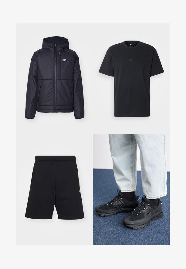 Must musta Nike jope, millel on ees lukuga avamine ja kapuuts. Vasakpoolne rind on kaunistatud valge logoga ning ees on kaks taskut. Sile välimine tekstuur.; Nike musta mustast puuvillast T-särk klassikalise ümmarguse kaelusega, lühikeste varrukatega ja õrna, reljeefse logoga rinnal. Sile tekstuur.; Mustad must kortsid pehmest kangast, millel on elastne vöökoht, küljetaskud ja väike kuldne logoaktsent vasakus alumises nurgas.; Mustad mustad jooksukingad, millel on tekstureeritud kangas ja kummist tallad, elastsed nöörid ning sinine aksent kandadel. Kandmine heledate teksadega.