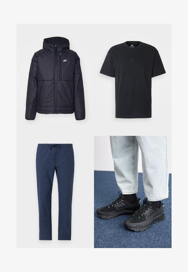 Czarna, pikowana kurtka Nike z przednim zamkiem błyskawicznym i kapturem. Posiada białe logo po lewej stronie klatki piersiowej oraz podwójne kieszenie z przodu. Gładka struktura zewnętrzna.; Czarny bawełniany t-shirt Nike z klasycznym okrągłym dekoltem, krótkimi rękawami oraz subtelnym, wytłoczonym logo na piersi. Gładka tekstura.; Granatowe spodnie wykonane z lekkiego materiału, z elastycznym pasem i sznurkiem oraz prostymi nogawkami.; Czarne buty sportowe z teksturowanej tkaniny i gumowymi podeszwami, z elastycznymi sznurówkami i niebieskim akcentem na pięcie. Noszone z jasnymi dżinsami.