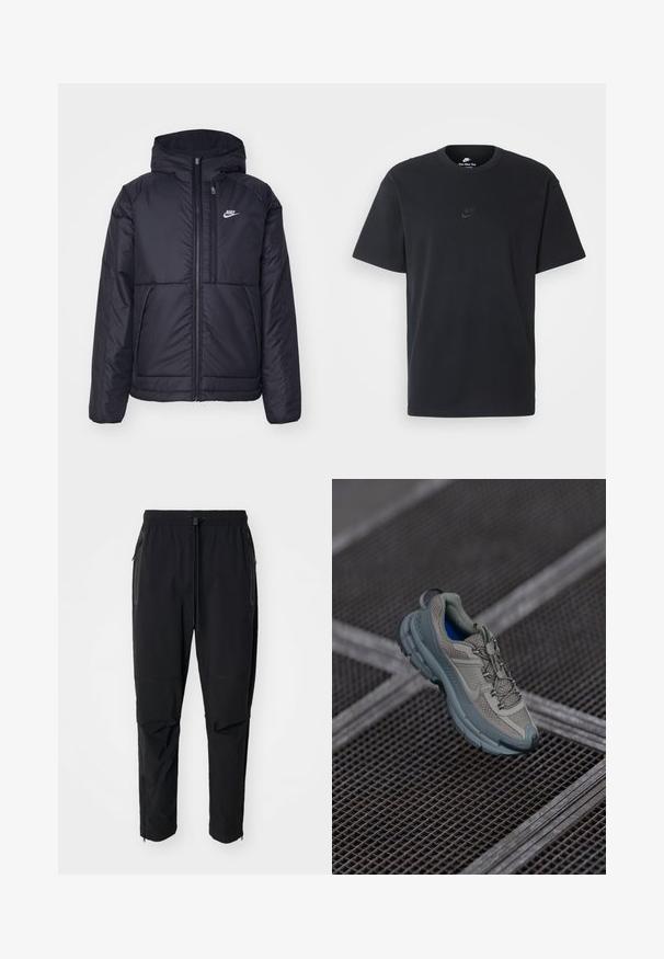 Μαύρο, επενδυμένο μπουφάν Nike με μπροστινό φερμουάρ και κουκούλα. Διαθέτει λευκό λογότυπο στο αριστερό στήθος και διπλές μπροστινές τσέπες. Λείο εξωτερικό υλικό.; Μαύρη βαμβακερή μπλούζα Nike με κλασικό στρογγυλό λαιμό, κοντά μανίκια και μια διακριτική, ανάγλυφη λογότυπο στο στήθος. Λείο ύφασμα.; Μαύρο, ελαφρύ παντελόνι εξωτερικών χώρων με ελαστική μέση και ρυθμιζόμενο κορδόνι. Περιλαμβάνει τσέπες με φερμουάρ και στενές μανσέτες.; Πετρόλ και γκρι αθλητικό παπούτσι με υφασμάτινη επένδυση, στρογγυλή μύτη και καουτσουκέιν σόλα, διαθέτοντας κορδόνια και μαξιλαρωμένη περιφέρεια.