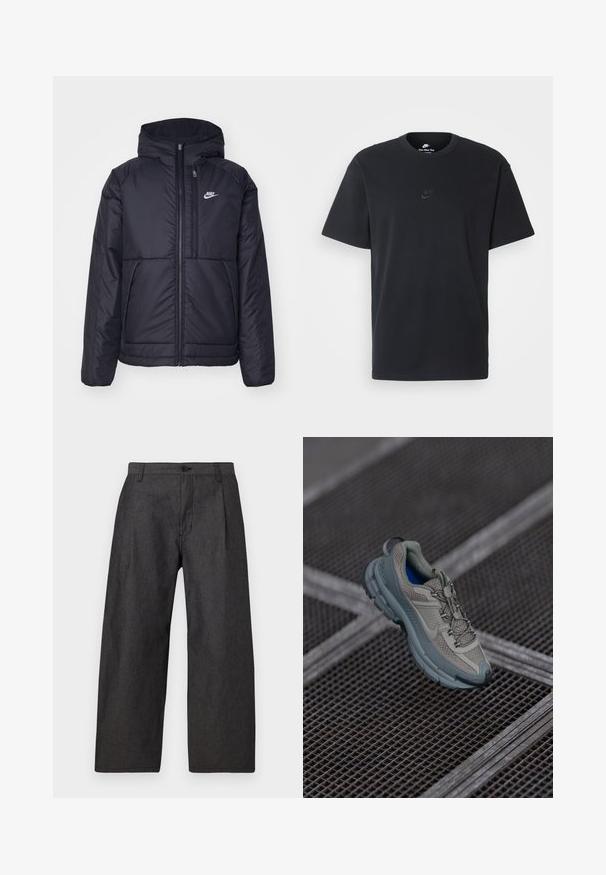 Črna, podložena Nike jakna z sprednjim zadrgo in kapuco. Ima bel logo na levem prsnem delu in dvojna sprednja žepa. Gladka zunanja tekstura.; Nike črna bombažna majica z klasičnim okroglim izrezom, kratkimi rokavi in subtilnim, vtisnjenim logotipom na prsih. Gladka tekstura.; Temno sivi hlače širokih nogavic iz teksturiranega materiala. Imajo sprednji gumb in dva stranska žepa. Minimalističen dizajn brez vzorcev.; Bež in siva športna čevlja z teksturiranim mrežastim zgornjim delom, okroglem nosu in gumijastim podplatom, opremljena z vezalkami in oblazinjenim ovratnikom.