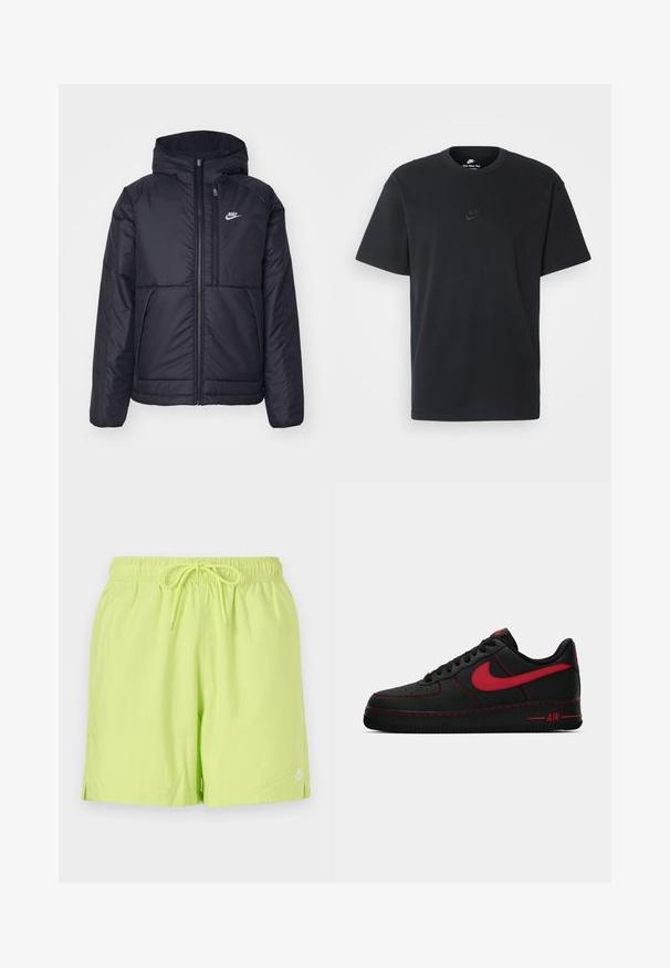 Fekete, párnázott Nike dzseki elülső cipzárral és kapucnival. A bal mellen fehér logó található, valamint két elülső zseb. Simának tűnő külső felület.; Fekete pamut póló Nike márkájú, klasszikus, kerek nyakú, rövid ujjú, és letisztult, dombornyomott logóval a mellkason. Simább textúra.; Neon zöld fürdőnadrág rugalmas derékkal és húzózsinórral, oldalhasítékokkal és egy kis fehér logóval az alsó szegélyen.; Fekete bőr Nike Air Force 1 sportcipők piros részletekkel, sima textúrával, perforált orral és kontrasztos piros varrással.