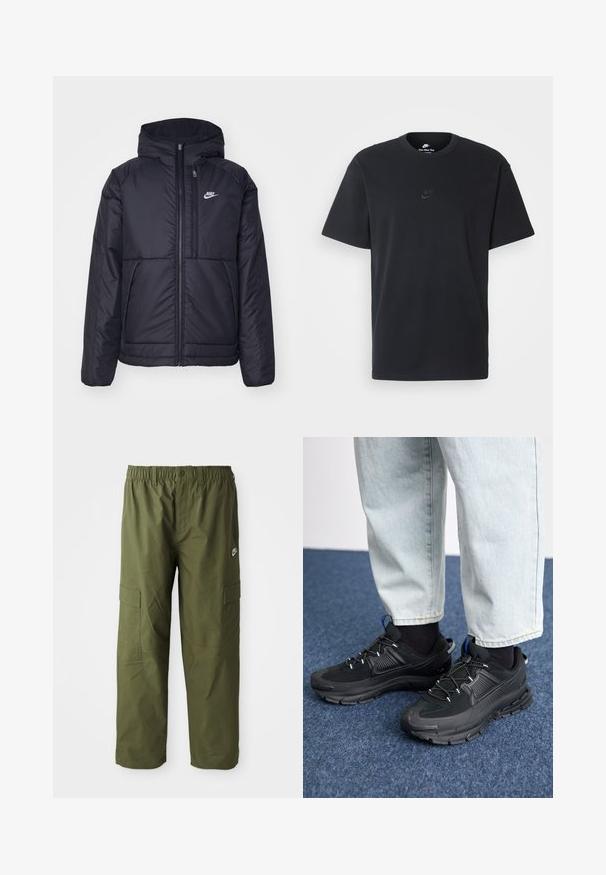 Casaco Nike preto, acolchoado, com fecho à frente e capuz. Apresenta um logo branco no lado esquerdo do peito e dois bolsos frontais. Textura exterior lisa.; T-shirt de algodão preto da Nike com um clássico decote redondo, mangas curtas e um logótipo em relevo discreto no peito. Textura suave.; Calças cargo da Nike em verde oliva escuro, com um cós elástico, dois bolsos laterais e um tecido suave e leve.; Sapatilhas desportivas pretas com tecido texturizado e solas em borracha, apresentando atacadores elásticos e um detalhe azul no calcanhar. Usadas com calças de ganga claras.