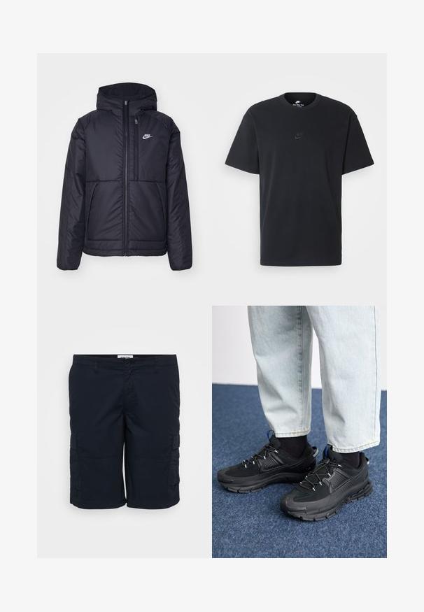 Black, padded Nike jacket with a front zipper and hood. Features a white logo on the left chest and dual front pockets. Smooth exterior texture.; Nike black cotton t-shirt with a classic crew neck, short sleeves, and a subtle, embossed logo on the chest. Smooth texture.; Navy cargo shorts made of lightweight fabric, featuring two side pockets, belt loops, and a straight cut. Simple design with minimal stitching.; Black athletic shoes with textured fabric and rubber soles, featuring elastic laces and a blue accent on the heel. Worn with light denim pants.