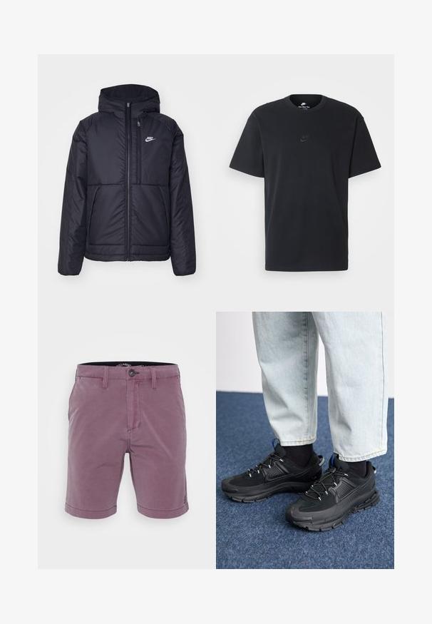 Fekete, párnázott Nike dzseki elülső cipzárral és kapucnival. A bal mellen fehér logó található, valamint két elülső zseb. Simának tűnő külső felület.; Fekete pamut póló Nike márkájú, klasszikus, kerek nyakú, rövid ujjú, és letisztult, dombornyomott logóval a mellkason. Simább textúra.; Férfi mályva színű, térd fölé érő rövidnadrág, gombos zárással, övhurkokkal és elülső zsebekkel, fehér háttér előtt bemutatva.; Fekete sportcipők texturált anyaggal és gumitalppal, elasztikus fűzőkkel és kék kiegészítővel a saroknál. Világos farmernadrággal viselve.