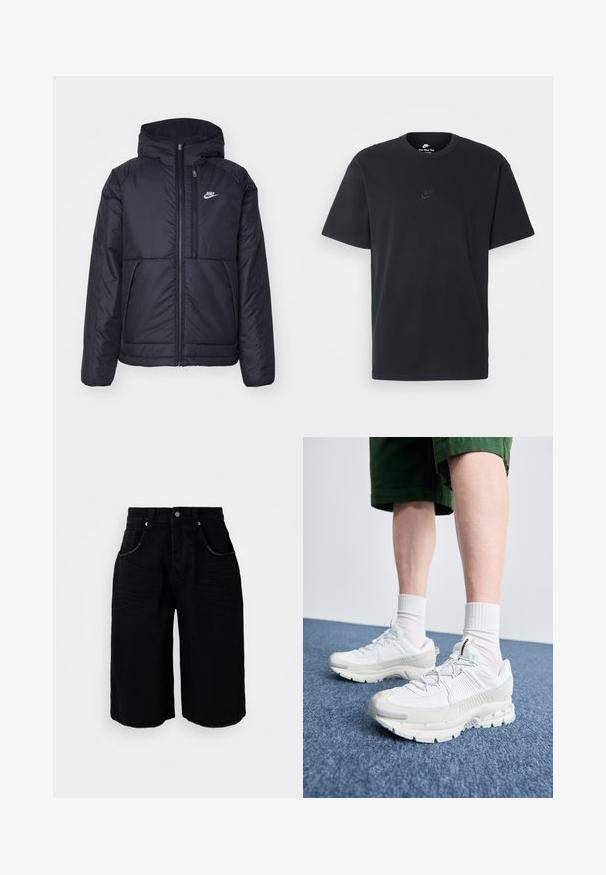 Zwarte, gewatteerde Nike-jas met een voorkant met ritssluiting en capuchon. Kenmerkt zich door een wit logo op de linkerborst en dubbele frontzakken. Gladde buitenkant.; Zwarte katoenen t-shirt van Nike met een klassieke ronde hals, korte mouwen en een subtiele, reliëflogo op de borst. Gladde textuur.; Zwarte denim shorts met een rechte pijpdesign, vijf zakken, metalen knoopsluiting en een subtiele textuur. De zoom is afgewerkt met een schone snit.; Witte sportieve schoenen met textuuroverlays, een dikke zool en grijze accenten. Draag ze met witte crew-sokken en groene shorts op een blauwe ondergrond.
