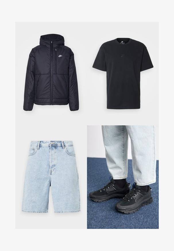 Svart, polstret Nike-jakke med frontglidelås og hette. Har en hvit logo på venstre bryst og doble frontlommer. Glatt ytterside.; Nike svart bomull T-skjorte med klassisk rund hals, korte ermer, og en subtil, preget logo på brystet. Glatt tekstur.; Lys blå denimshorts med en avslappet passform, med glidelås, fem lommer og kontrasterende sømmer langs sømmene.; Svarte sportssko med teksturert stoff og gummisåler, med elastiske lisser og en blå detalj på hælen. Brukt med lyse denimbukser.