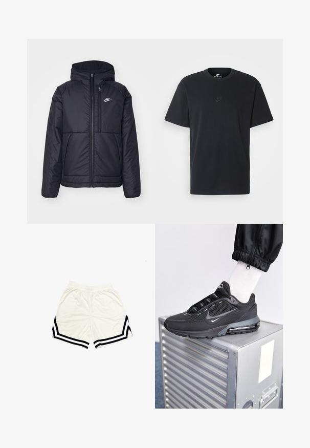 Schwarze, gepolsterte Nike-Jacke mit Frontreißverschluss und Kapuze. Hat ein weißes Logo auf der linken Brust und zwei Fronttaschen. Glattes äußeres Material.; Schwarzes Baumwoll-T-Shirt von Nike mit klassischem Rundhalsausschnitt, kurzen Ärmeln und einem dezenten, geprägten Logo auf der Brust. Glatte Textur.; Weiße Sportshorts aus leichtem Material, mit schwarzen Seitenstreifen und einem kontrastierenden Chevron-Muster nahe dem Saum. Elastischer Bund.; Nike Sportswear PULSE - Sneaker low - black/anthracite