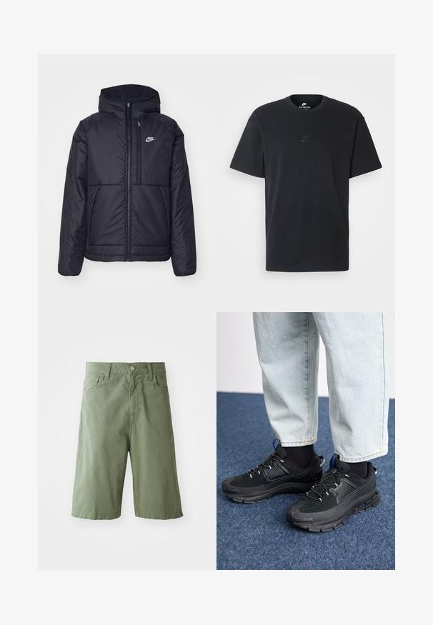 Casaco Nike preto, acolchoado, com fecho à frente e capuz. Apresenta um logo branco no lado esquerdo do peito e dois bolsos frontais. Textura exterior lisa.; T-shirt de algodão preto da Nike com um clássico decote redondo, mangas curtas e um logótipo em relevo discreto no peito. Textura suave.; Calças de algodão verdes com um corte solto, apresentando dois bolsos frontais, um fecho de botão e comprimento até à metade da panturrilha. Textura suave.; Sapatilhas desportivas pretas com tecido texturizado e solas em borracha, apresentando atacadores elásticos e um detalhe azul no calcanhar. Usadas com calças de ganga claras.