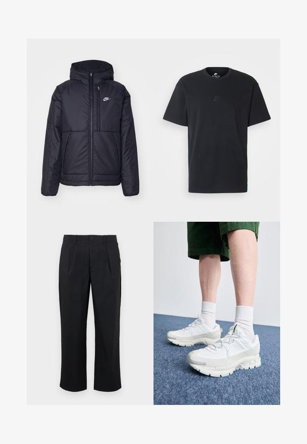 Fekete, párnázott Nike dzseki elülső cipzárral és kapucnival. A bal mellen fehér logó található, valamint két elülső zseb. Simának tűnő külső felület.; Fekete pamut póló Nike márkájú, klasszikus, kerek nyakú, rövid ujjú, és letisztult, dombornyomott logóval a mellkason. Simább textúra.; Fekete nadrág egyenes szabással, elején redőkkel, gombos záródással és sima szövet textúrával.; Fehér sportcipők texturált burkolattal, vastag talppal és szürke részletekkel. Fehér sportzoknival és zöld rövidnadrággal viselve, kék felületen.