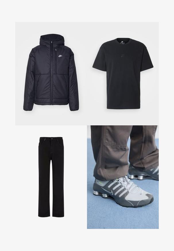 Juodas, paminkštintas Nike džemperis su priekyje užtrauktuku ir gobtuvu. Pasižymi balta logo kairėje krūtinės pusėje ir dviem priekinėmis kišenėmis. Su lygiu išoriniu paviršiumi.; Juodas medvilninis Nike marškinėliai su klasikinėmis apykaklėmis, trumpomis rankovėmis ir subtiliu, įspaustu logotipu ant krūtinės. Sklandus tekstūra.; Juodos džinsinės kelnės su tiesios kojos dizainu, turi mygtuko užsegimą, diržo kilpos ir priekines kišenes. Lygus paviršius ir vienoda spalva.; Pilki ir sidabriniai Nike Shox sportiniai bateliai pasižymi elegantišku dizainu, pagaminti iš tinklinės ir sintetinės medžiagos, turi apvalų pirštą ir paminkštintą apykaklę.