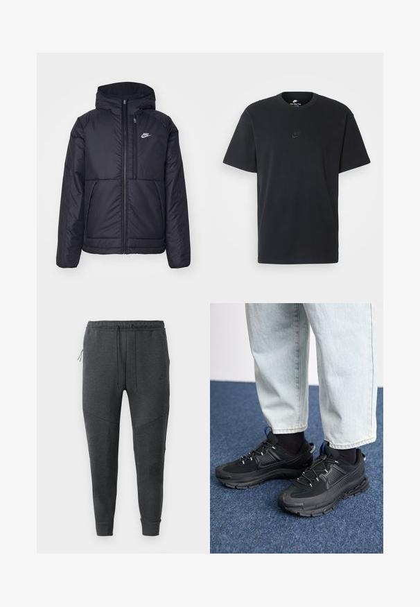 Melna, pufota Nike jaka ar priekšējo rāvējslēdzēju un kapuci. Iezīmēta ar baltu logotipu uz kreisās krūtis un divām priekšējām kabatām. Gluda ārējā tekstūra.; Nike melns kokvilnas T-krekls ar klasisku piegriezumu, īsām piedurknēm un smalku, reljefu logotipu uz krūškurvja. Gluda tekstūra.; Tumši pelēki Nike sporta bikses ar aukliņu viduklī, ar rāvējslēdzēja sānu kabatu, sašaurinātām kājām un ribinātām piedurknēm uz baltā fona.; Melni sporta apavi ar strukturētu audumu un gumijas zoli, ar elastīgām auklām un zilu akcentu uz papēža. Nēsāti ar gaišām džinsu biksēm.
