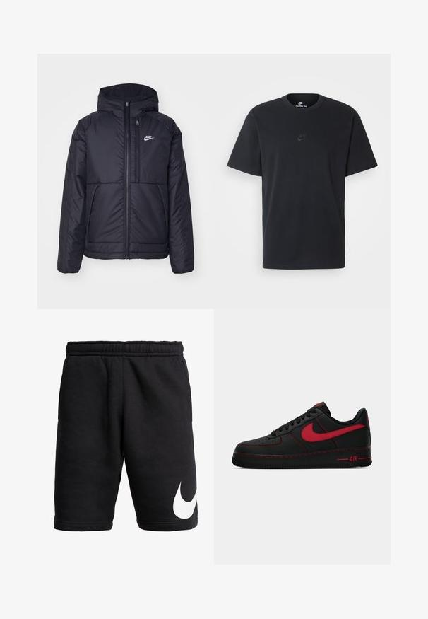 Melna, pufota Nike jaka ar priekšējo rāvējslēdzēju un kapuci. Iezīmēta ar baltu logotipu uz kreisās krūtis un divām priekšējām kabatām. Gluda ārējā tekstūra.; Nike melns kokvilnas T-krekls ar klasisku piegriezumu, īsām piedurknēm un smalku, reljefu logotipu uz krūškurvja. Gluda tekstūra.; Melni kokvilnas šorti ar elastīgu jostu, ar baltu Nike logo kreisajā pusē. Gluda tekstūra un ceļgala garuma griezums.; Melnas ādas Nike Air Force 1 tenisa kurpes ar sarkaniem akcentiem, ar gludu faktūru, perforētu purngalu un kontrastējošu sarkano diegu.
