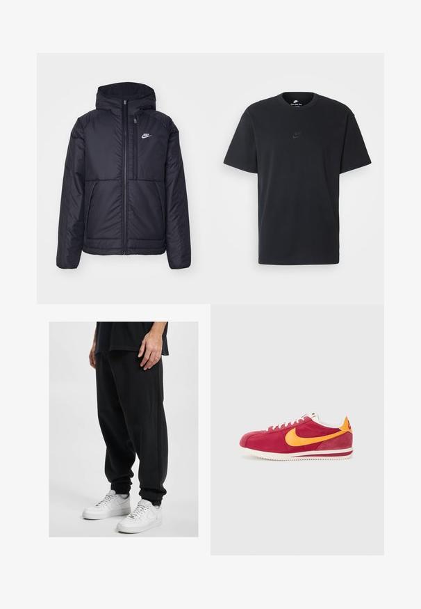 Schwarze, gepolsterte Nike-Jacke mit Frontreißverschluss und Kapuze. Hat ein weißes Logo auf der linken Brust und zwei Fronttaschen. Glattes äußeres Material.; Schwarzes Baumwoll-T-Shirt von Nike mit klassischem Rundhalsausschnitt, kurzen Ärmeln und einem dezenten, geprägten Logo auf der Brust. Glatte Textur.; DEF Jogginghose - black washed; Rote Wildledersneaker mit gelben Akzenten, weißen Schnürsenkeln und einer strukturierten Sohle. Klassisches Design mit einer abgerundeten Spitze und einem Logodetail an der Seite.