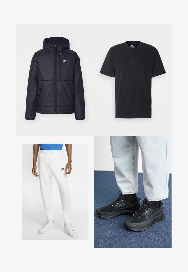 Juodas, paminkštintas Nike džemperis su priekyje užtrauktuku ir gobtuvu. Pasižymi balta logo kairėje krūtinės pusėje ir dviem priekinėmis kišenėmis. Su lygiu išoriniu paviršiumi.; Juodas medvilninis Nike marškinėliai su klasikinėmis apykaklėmis, trumpomis rankovėmis ir subtiliu, įspaustu logotipu ant krūtinės. Sklandus tekstūra.; Balti sportiniai džinsai su elastingu juosmeniu, raišteliu ir juodu Nike logotipu. Turi švelnų audinio tekstūrą ir siaurėjantys kojų siluetai.; Juodi sportiniai bateliai su tekstūruota medžiaga ir guminiais padais, su elastingomis raišteliais ir mėlynu akcentu ant kulno. Dėvimi su šviesiai mėlynomis džinsinėmis kelnėmis.
