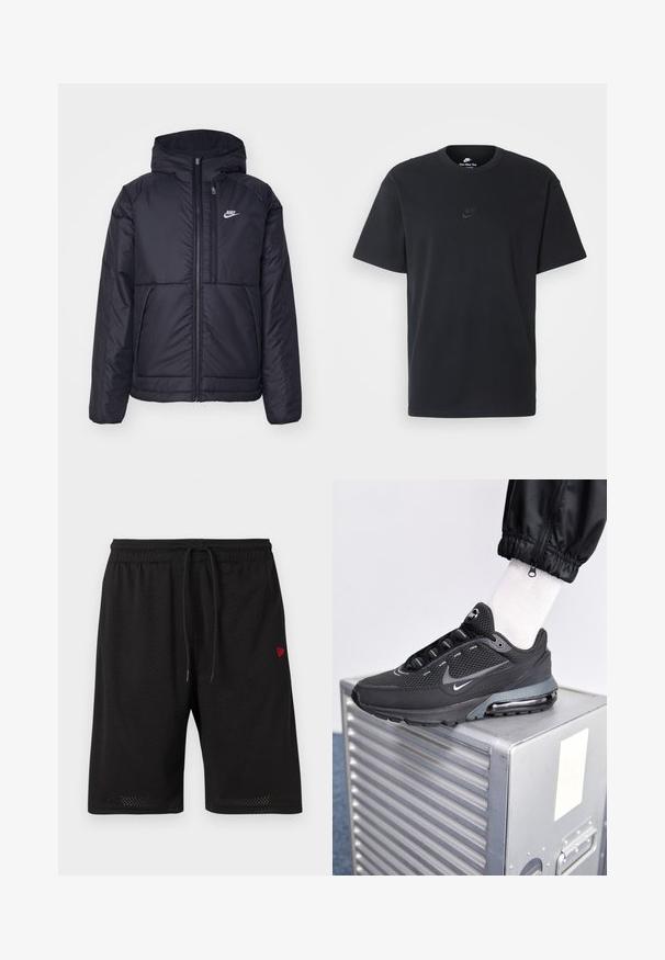Czarna, pikowana kurtka Nike z przednim zamkiem błyskawicznym i kapturem. Posiada białe logo po lewej stronie klatki piersiowej oraz podwójne kieszenie z przodu. Gładka struktura zewnętrzna.; Czarny bawełniany t-shirt Nike z klasycznym okrągłym dekoltem, krótkimi rękawami oraz subtelnym, wytłoczonym logo na piersi. Gładka tekstura.; Czarne siatkowe szorty z elastycznym pasem, regulowanym sznurkiem i małym czerwonym logo po lewej stronie. Lekki i oddychający materiał.; Nike Sportswear PULSE czarny