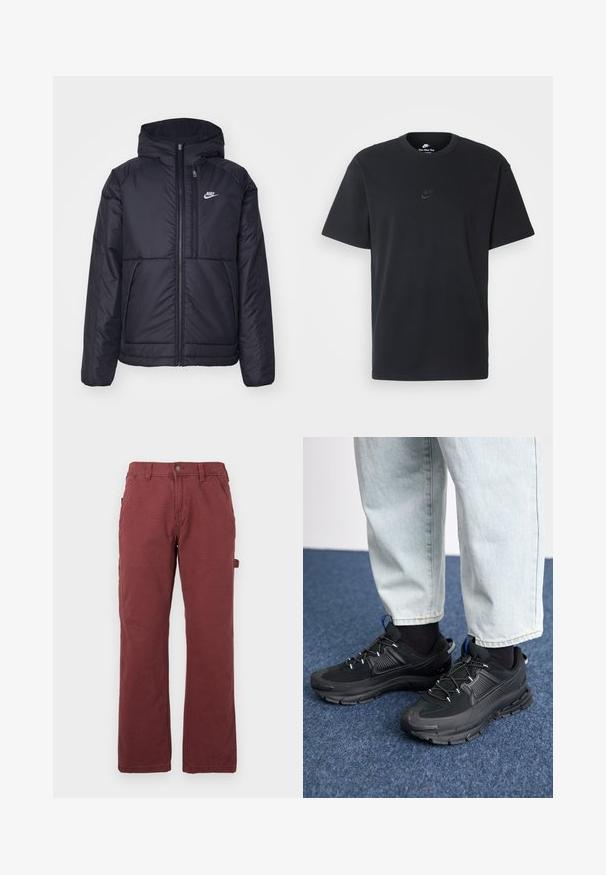 Melna, pufota Nike jaka ar priekšējo rāvējslēdzēju un kapuci. Iezīmēta ar baltu logotipu uz kreisās krūtis un divām priekšējām kabatām. Gluda ārējā tekstūra.; Nike melns kokvilnas T-krekls ar klasisku piegriezumu, īsām piedurknēm un smalku, reljefu logotipu uz krūškurvja. Gluda tekstūra.; Vīriešu taisnās kājas darba bikses tumši sarkanā krāsā ar priekšējiem kabatām, jostas cilpiņām, pogu, rāvējslēdzēju un sānu utilitātes cilpu.; Melni sporta apavi ar strukturētu audumu un gumijas zoli, ar elastīgām auklām un zilu akcentu uz papēža. Nēsāti ar gaišām džinsu biksēm.